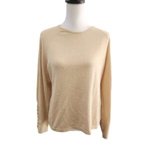 J McLaughlin Women Beige Crew Neck Long Sleeve Sweater Size L Button Accent flaw